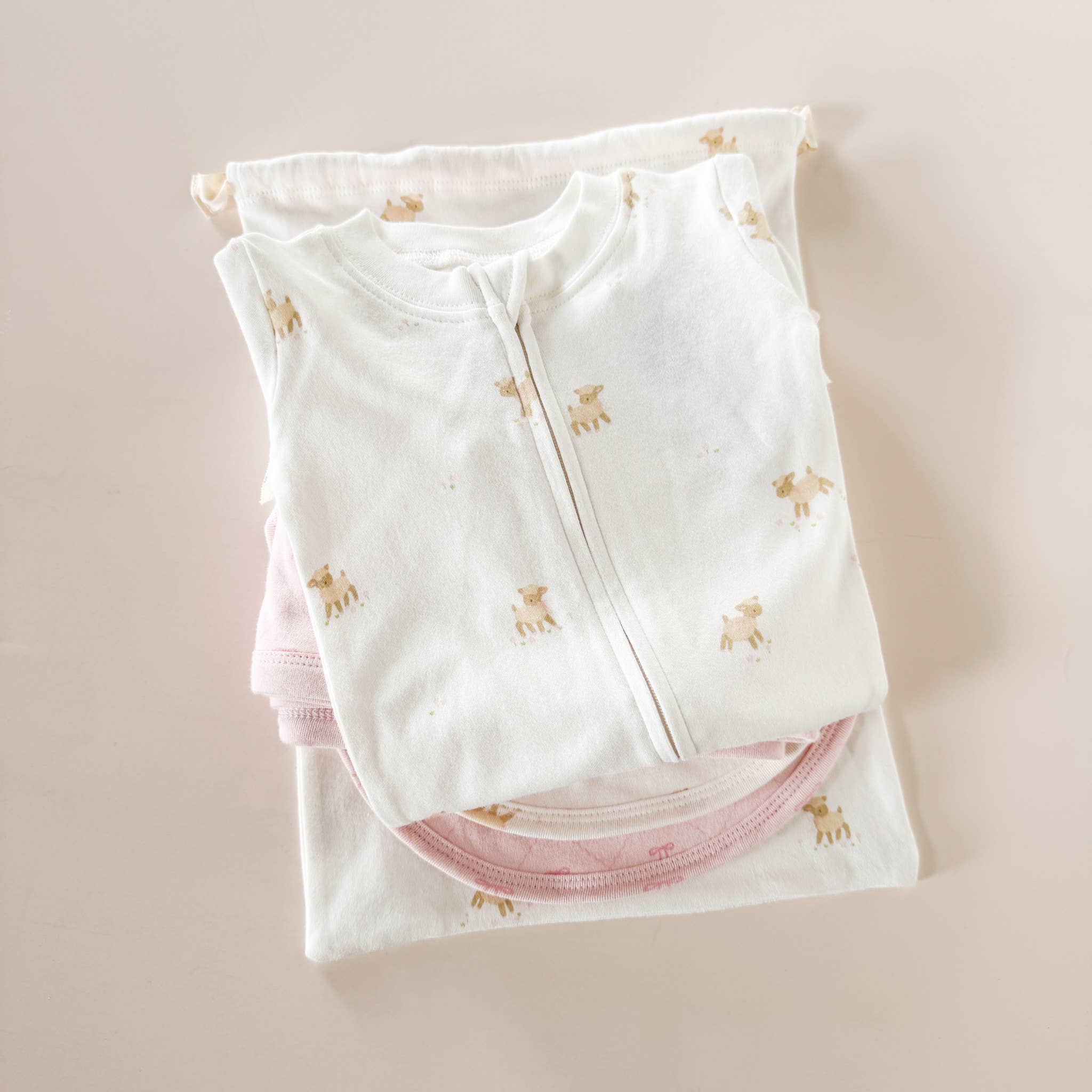 Layette Long Sleeve Zipper Romper, Lamb