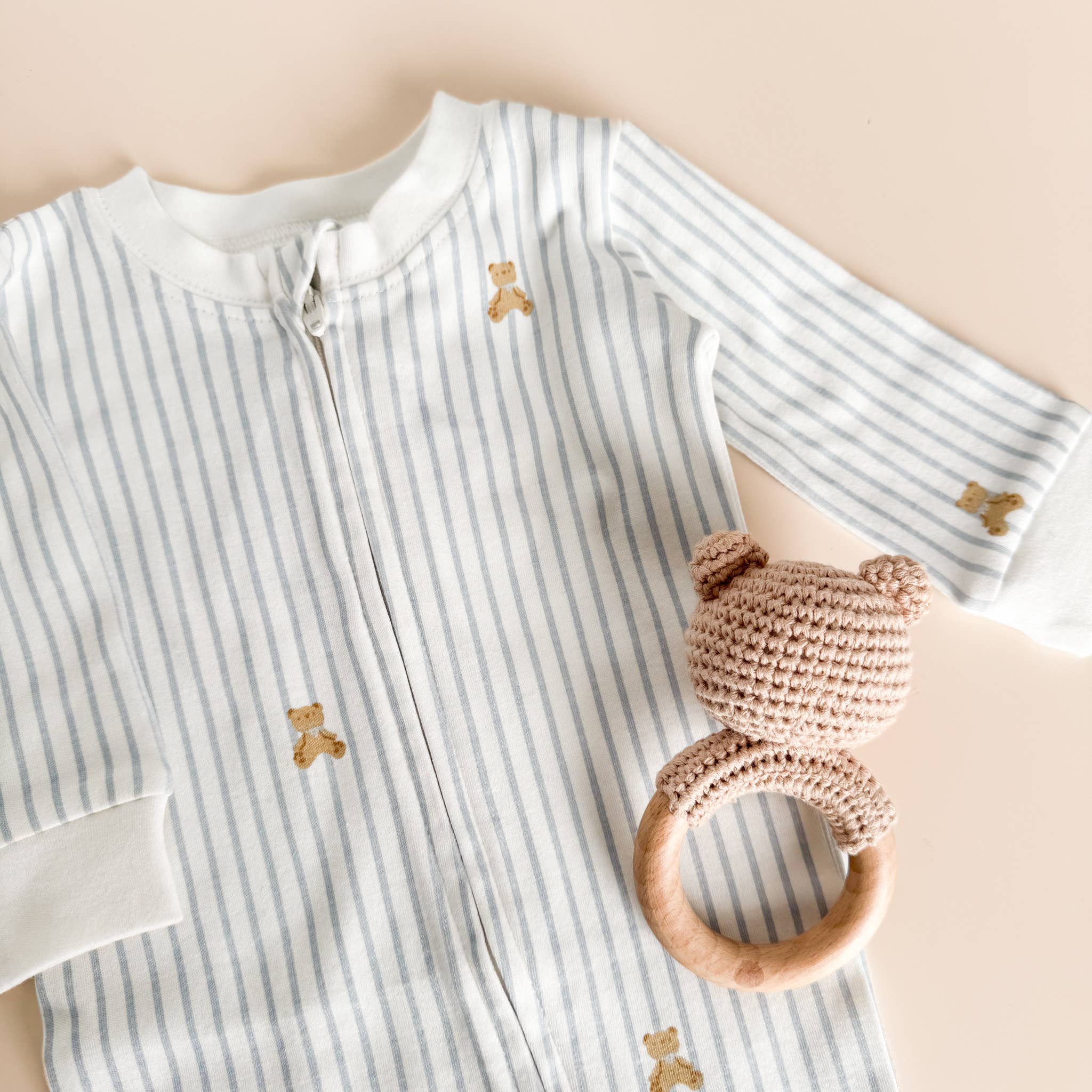 Layette Long Sleeve Zipper Romper, Teddy Bear