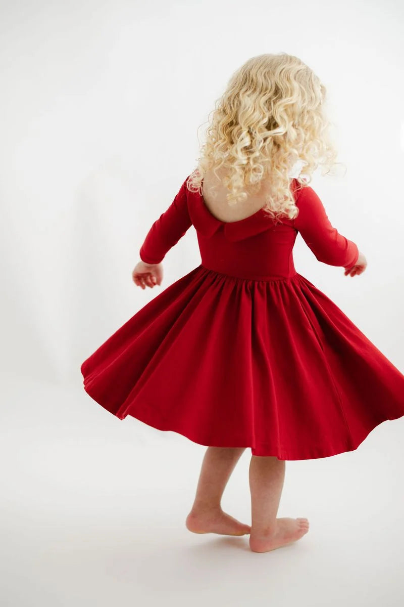 3/4 Sleeve Twirl Dress in Solid Classic Red Collared