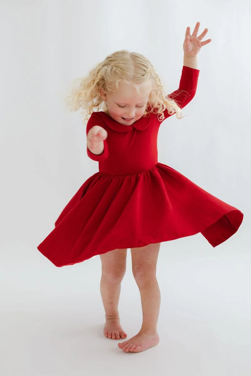 3/4 Sleeve Twirl Dress in Solid Classic Red Collared