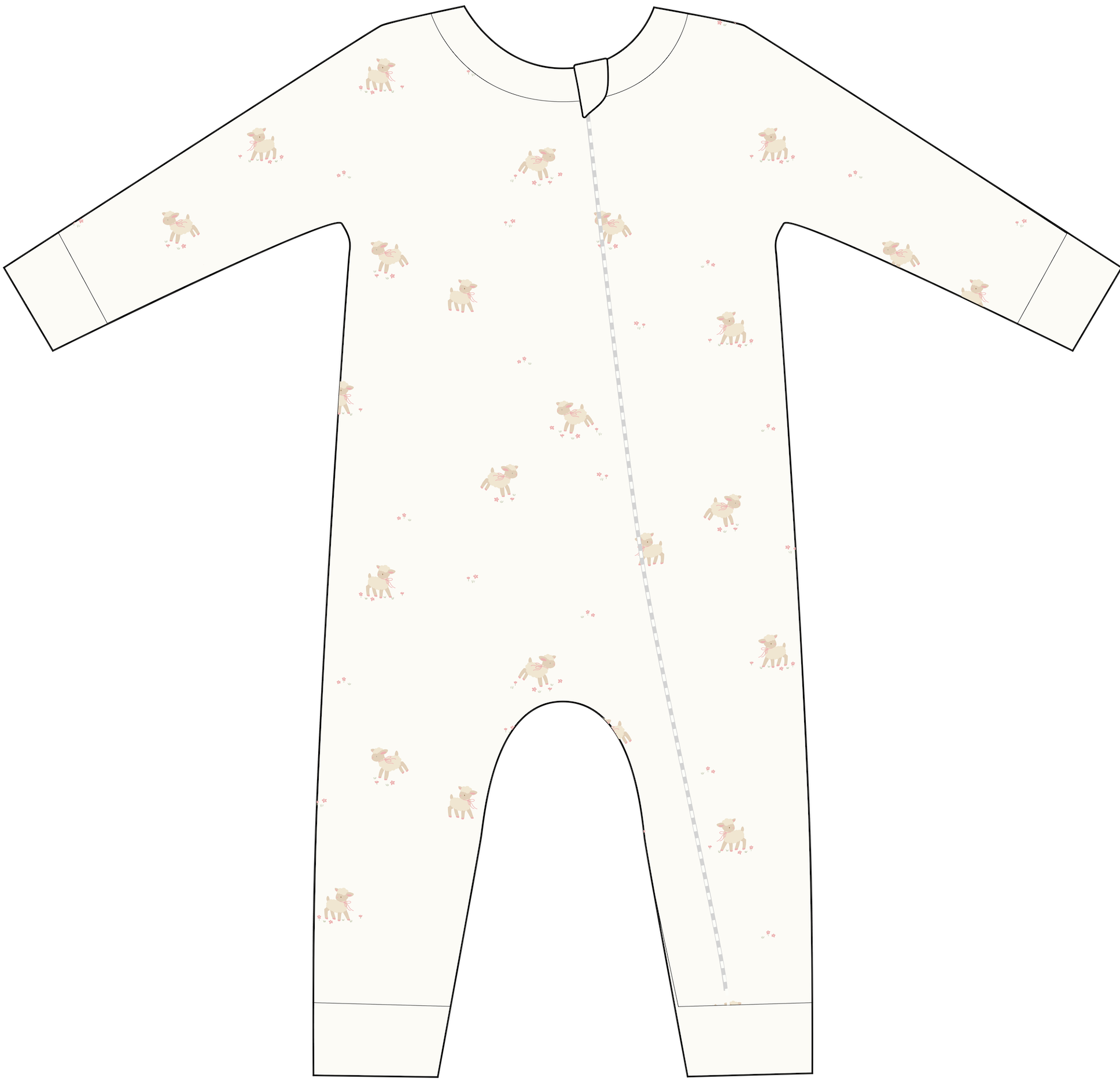 Layette Long Sleeve Zipper Romper, Lamb
