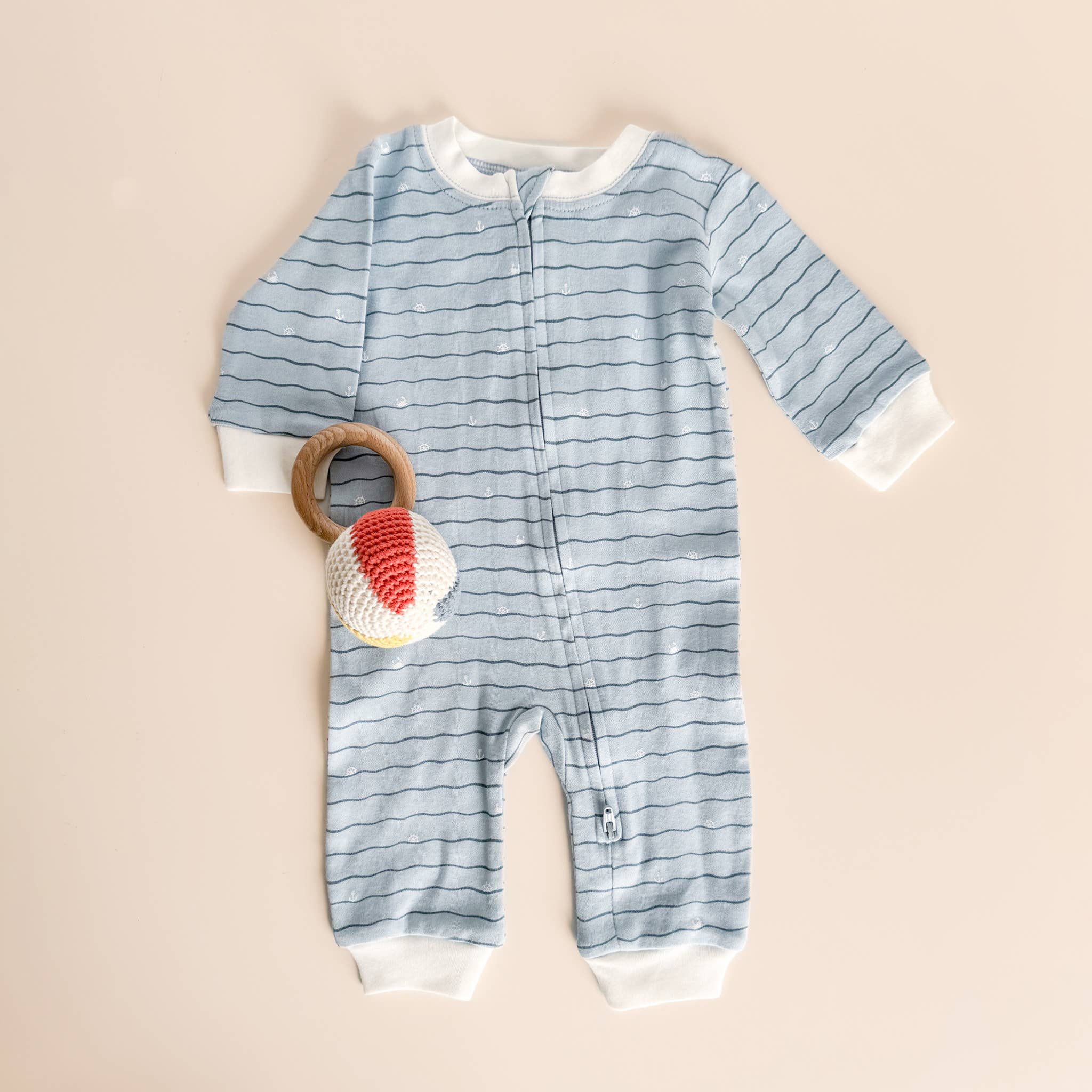 Layette Long Sleeve Zipper Romper, Waves