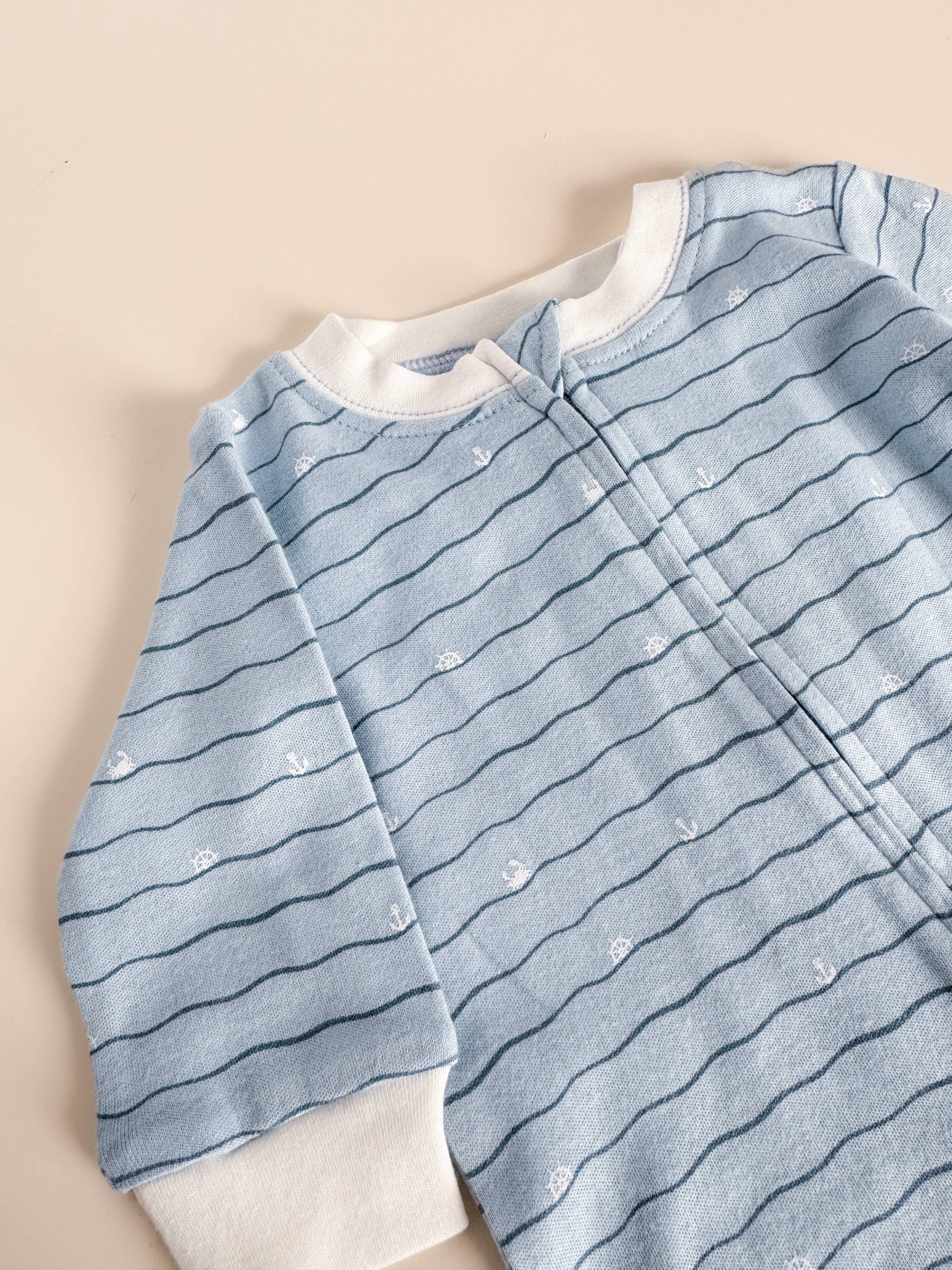 Layette Long Sleeve Zipper Romper, Waves