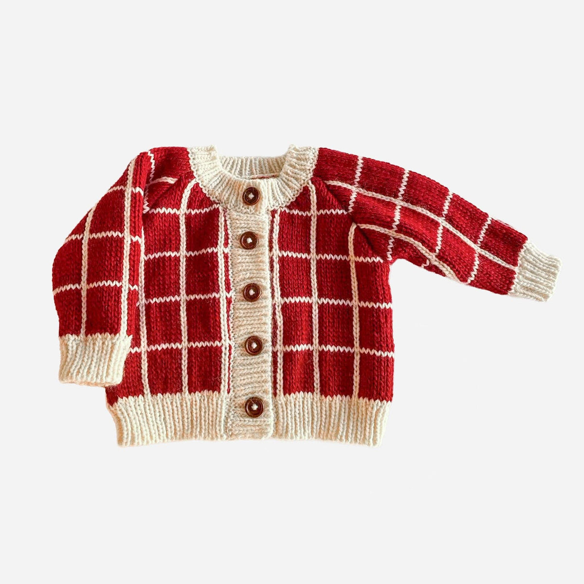 Windowpane Cardigan Red Cream Checkered
