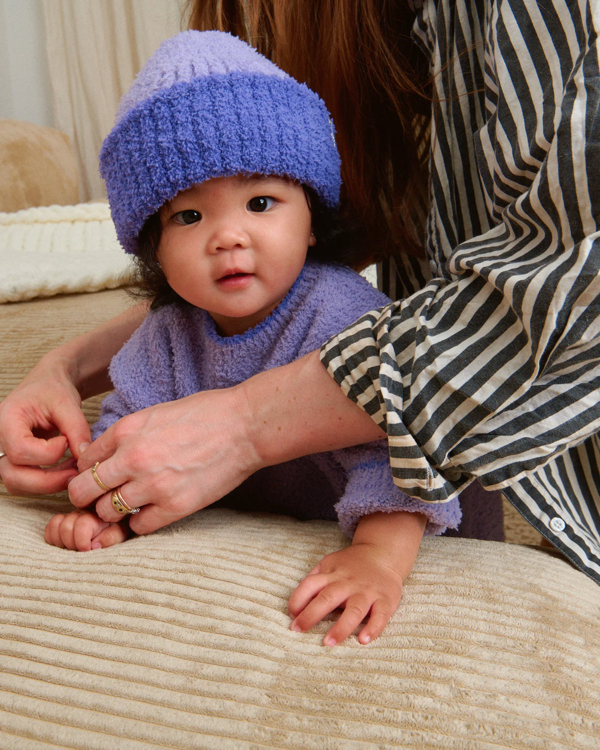 Fuzzy Two-Tone Ribbed Beanie - Taro Imperial