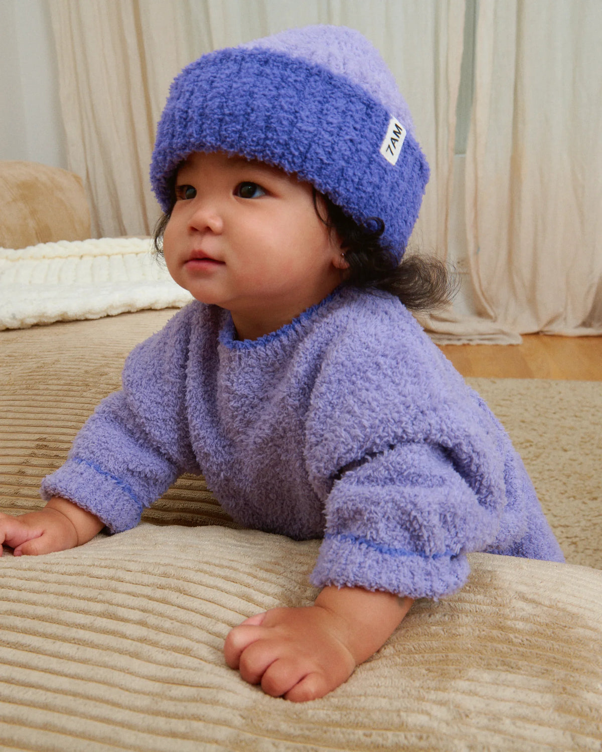Fuzzy Two-Tone Ribbed Beanie - Taro Imperial
