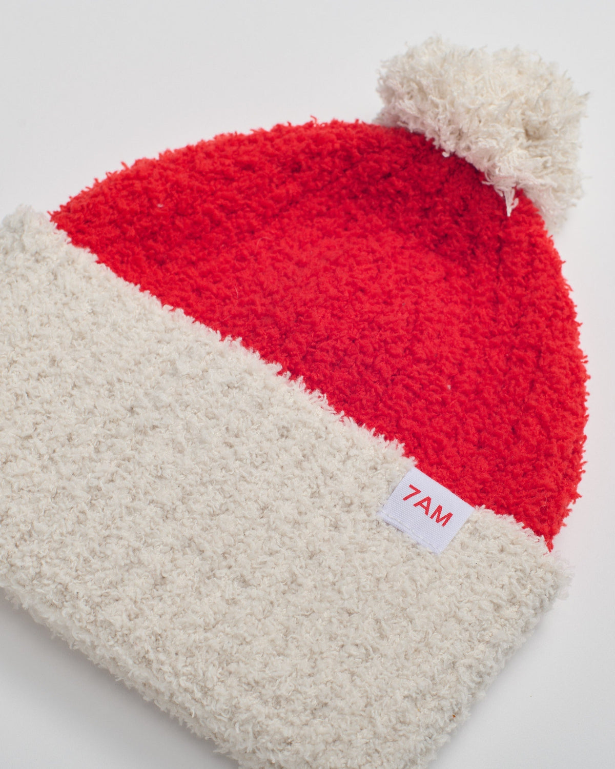 Fuzzy Holiday Santa Beanie - Ecru Crimson