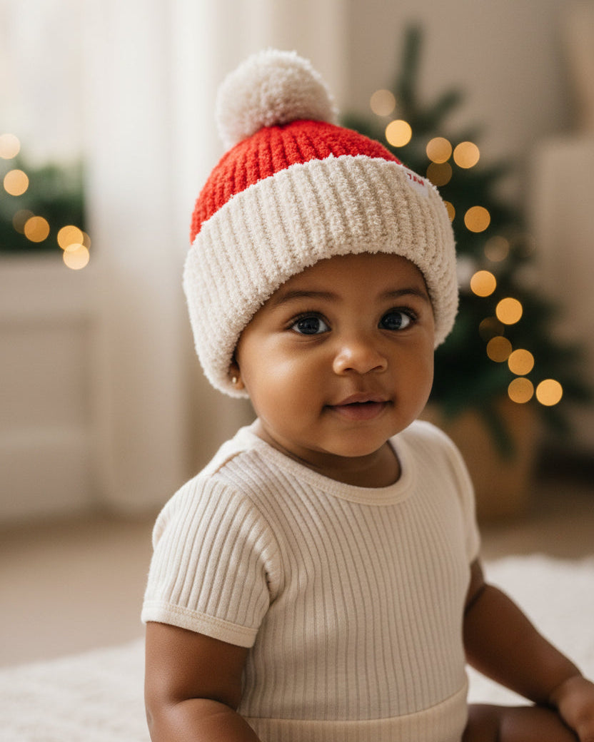Fuzzy Holiday Santa Beanie - Ecru Crimson