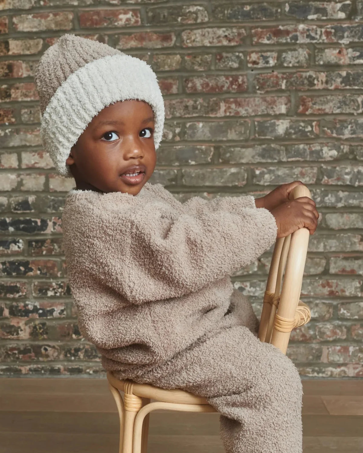 Fuzzy Two-Tone Ribbed Beanie - Taupe Ecru