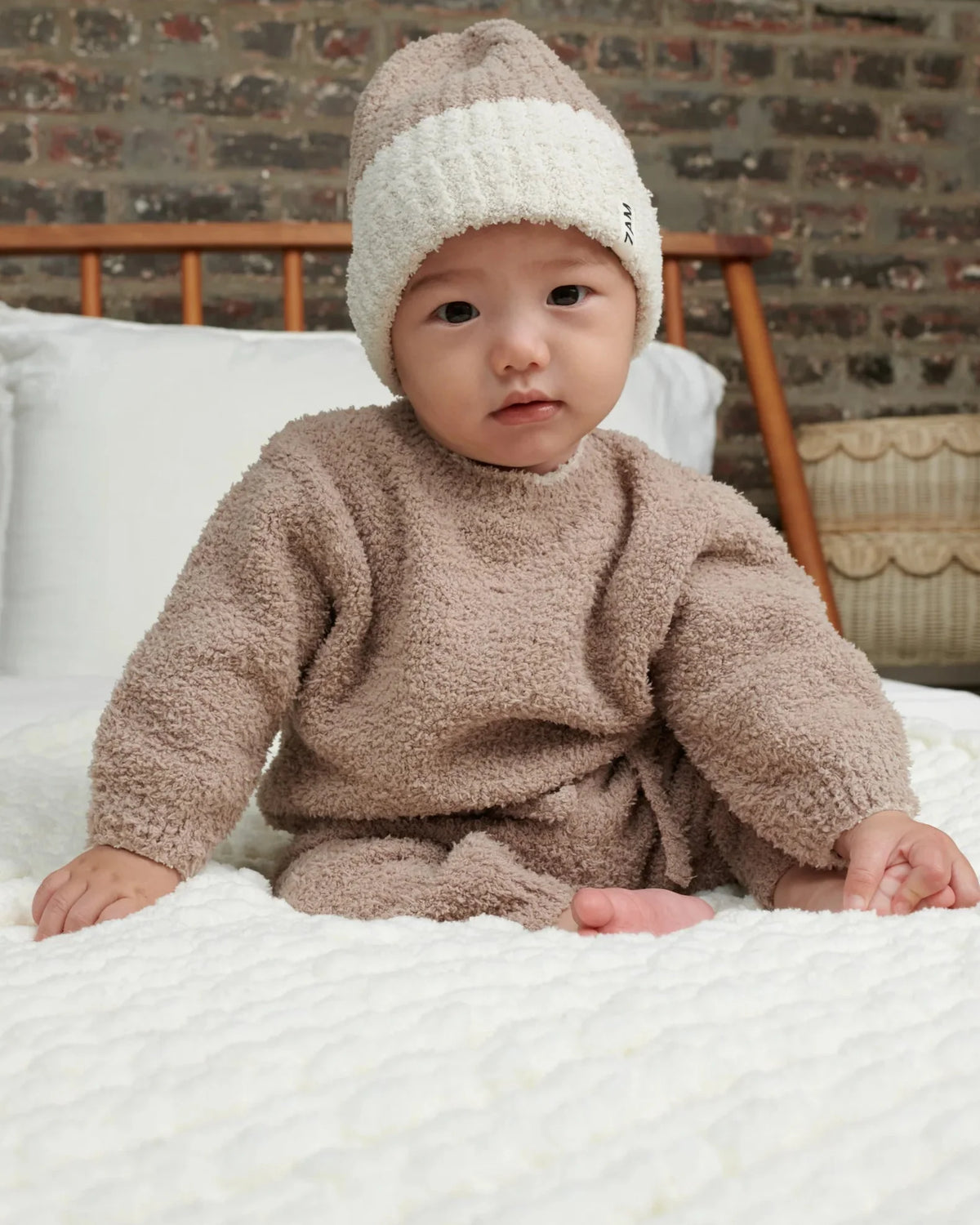 Fuzzy Two-Tone Ribbed Beanie - Taupe Ecru
