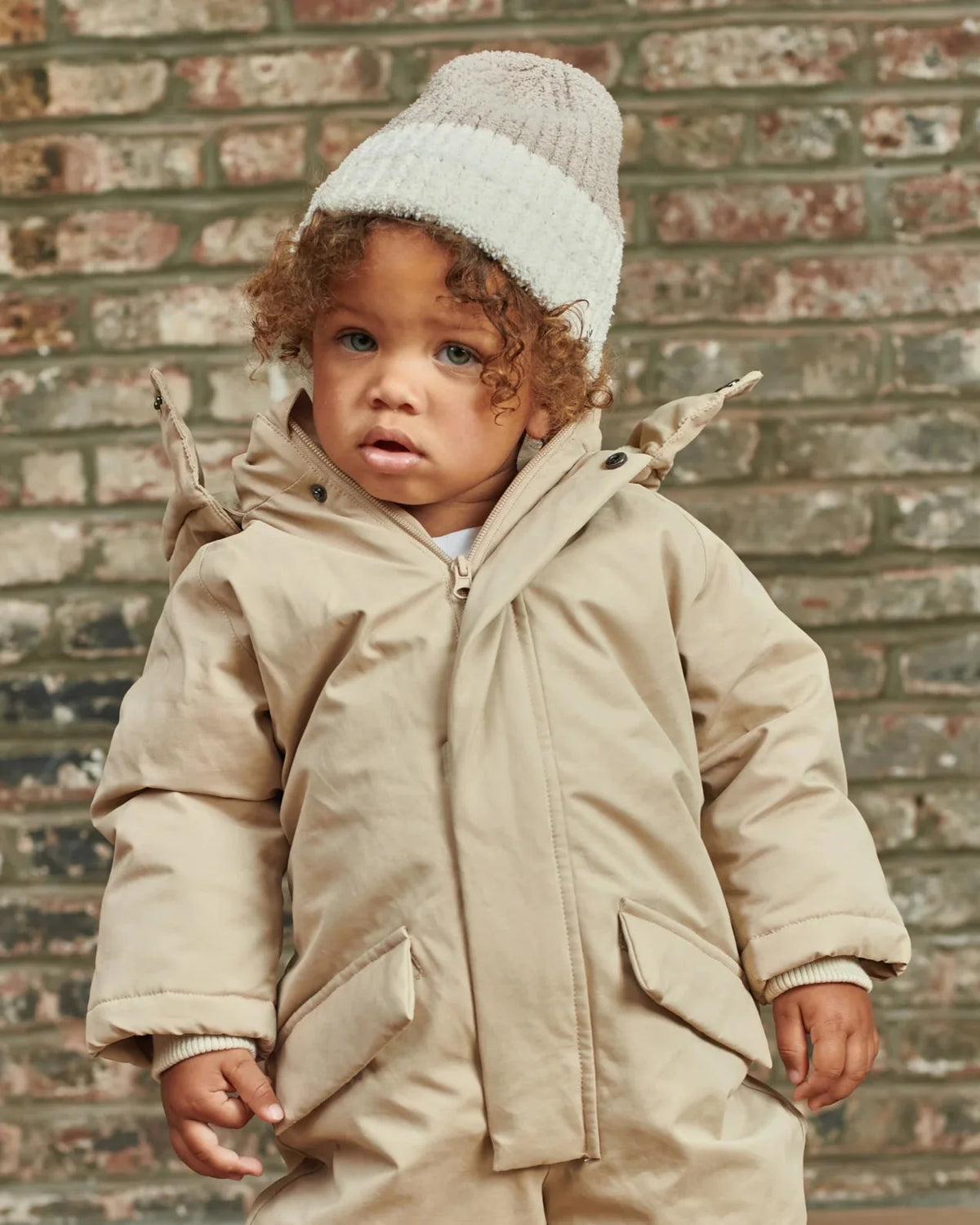 Fuzzy Two-Tone Ribbed Beanie - Taupe Ecru