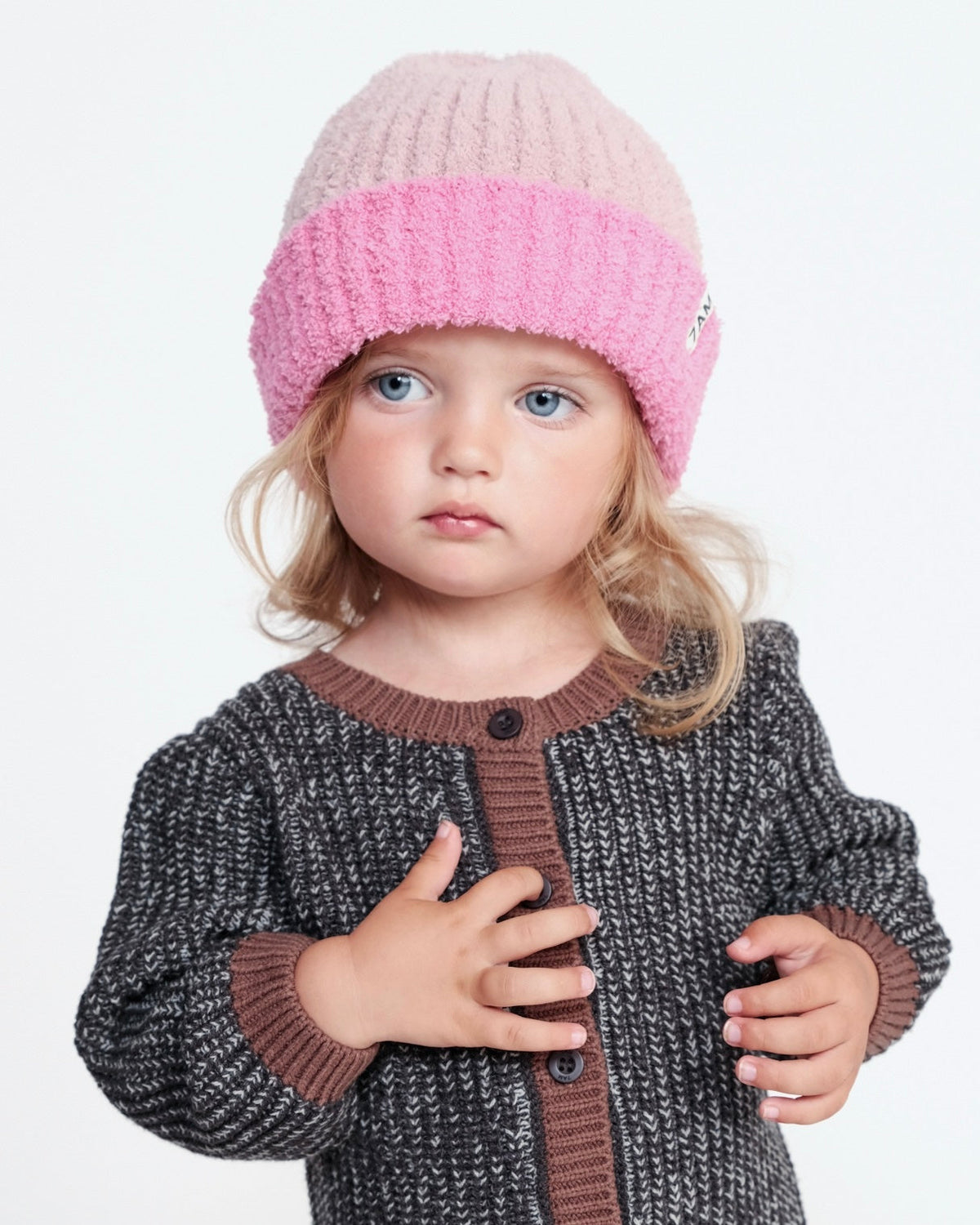 Fuzzy Two-Tone Ribbed Beanie - Vivid Pink Ash Rose