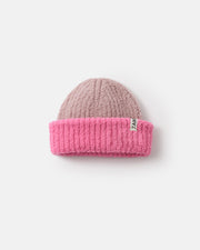 Fuzzy Two-Tone Ribbed Beanie - Vivid Pink Ash Rose