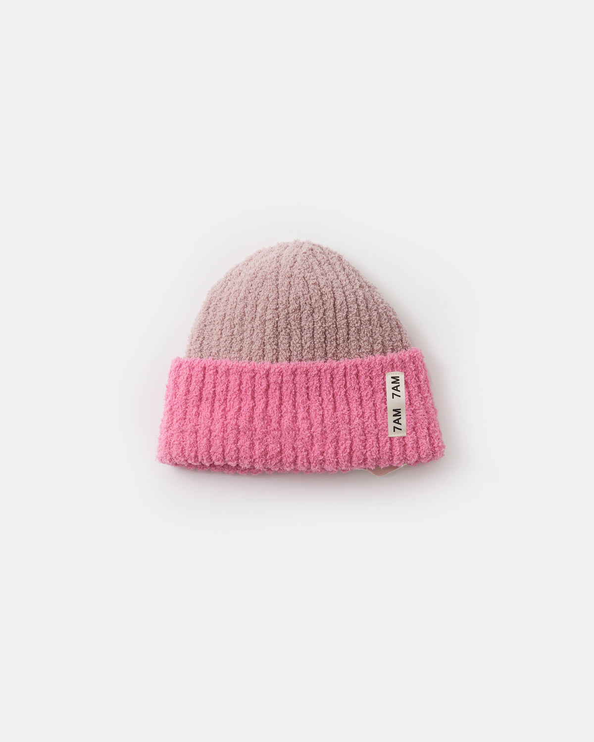 Fuzzy Two-Tone Ribbed Beanie - Vivid Pink Ash Rose