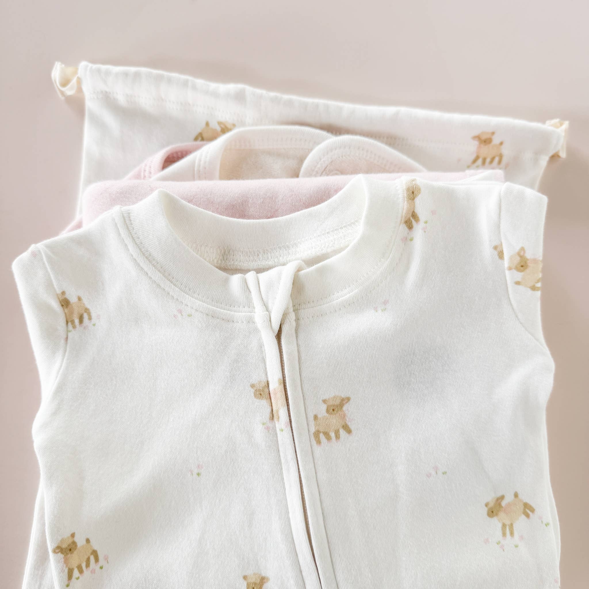 Layette Long Sleeve Zipper Romper, Lamb
