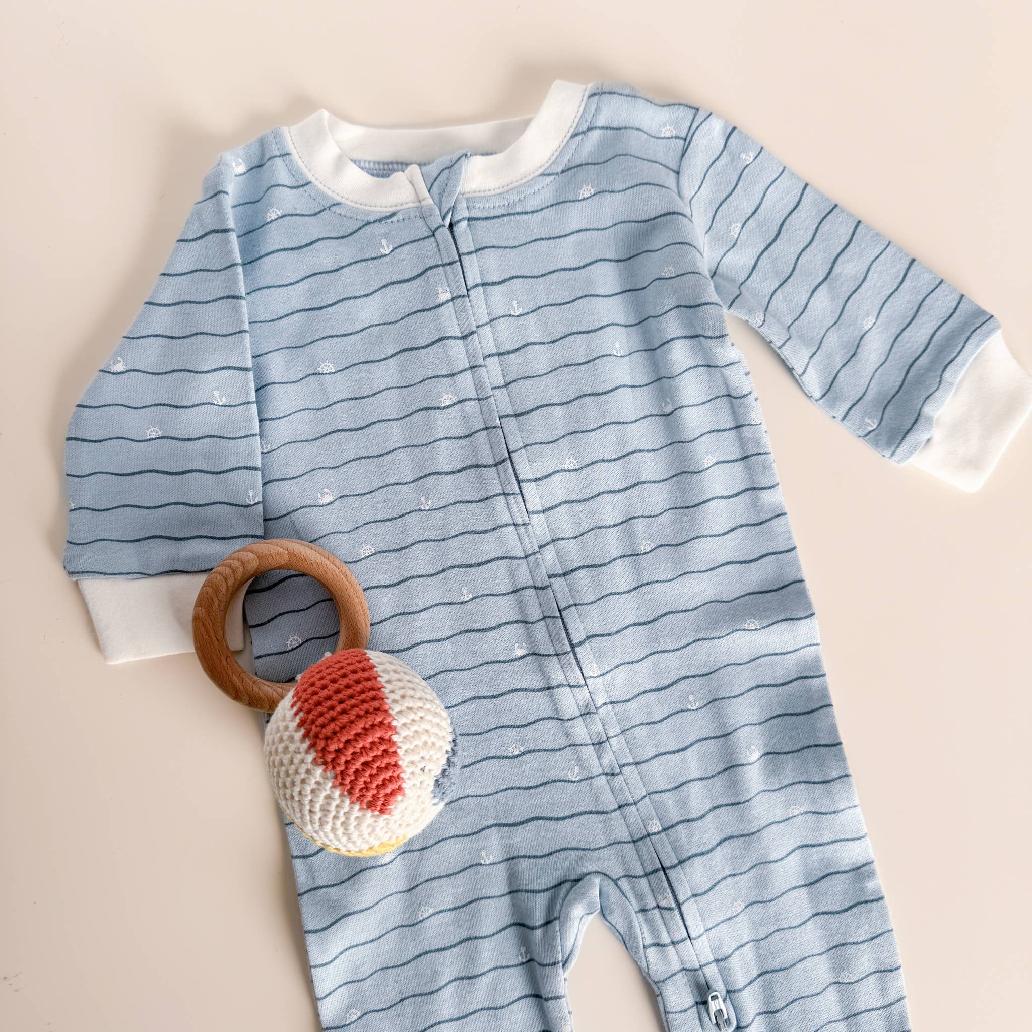 Layette Long Sleeve Zipper Romper, Waves