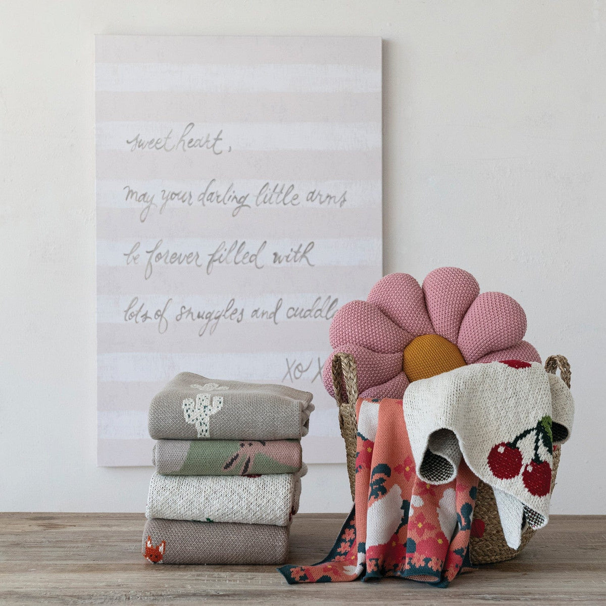 Creative Coop Baby Cotton Knit Baby Blanket with Cherries