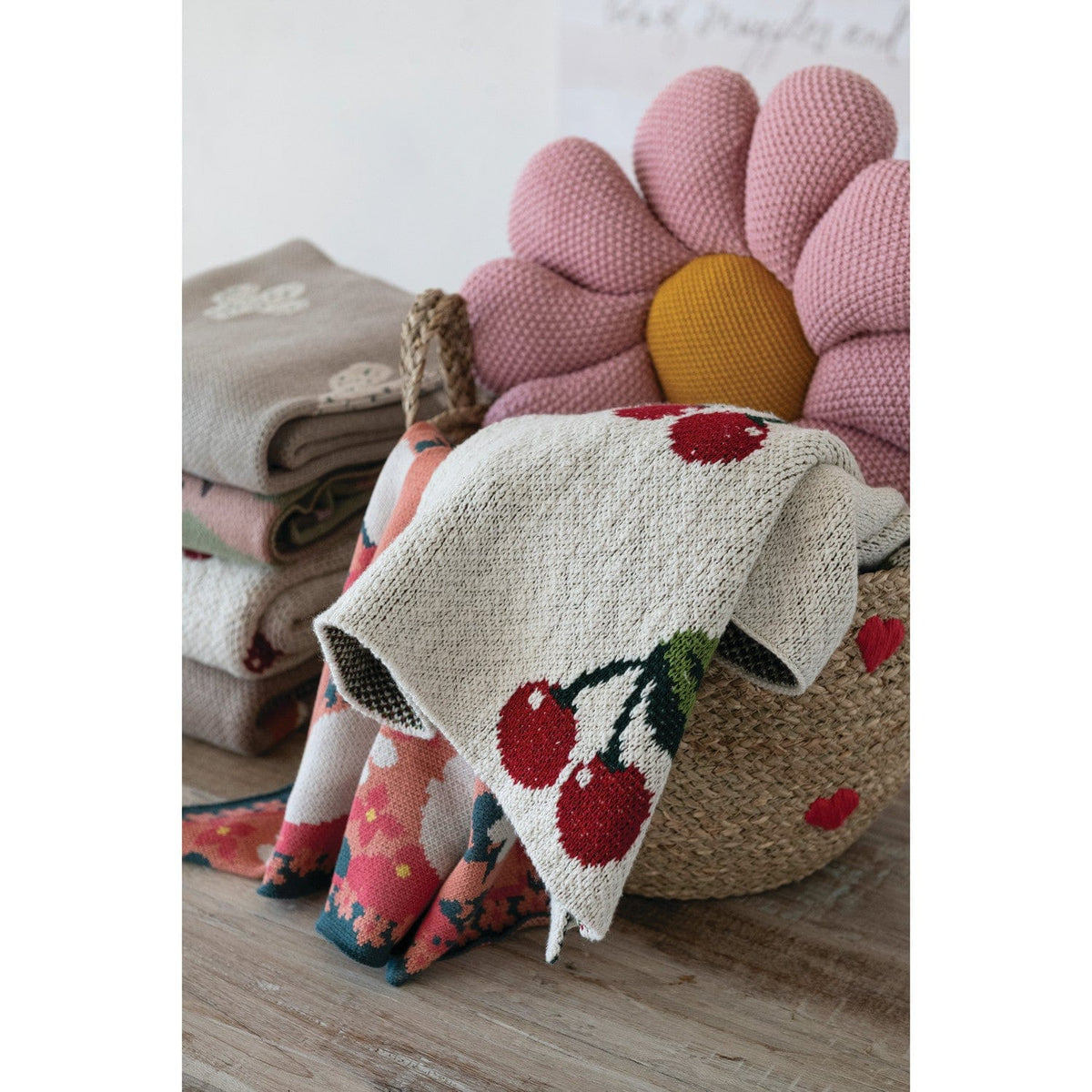 Creative Coop Baby Cotton Knit Baby Blanket with Cherries