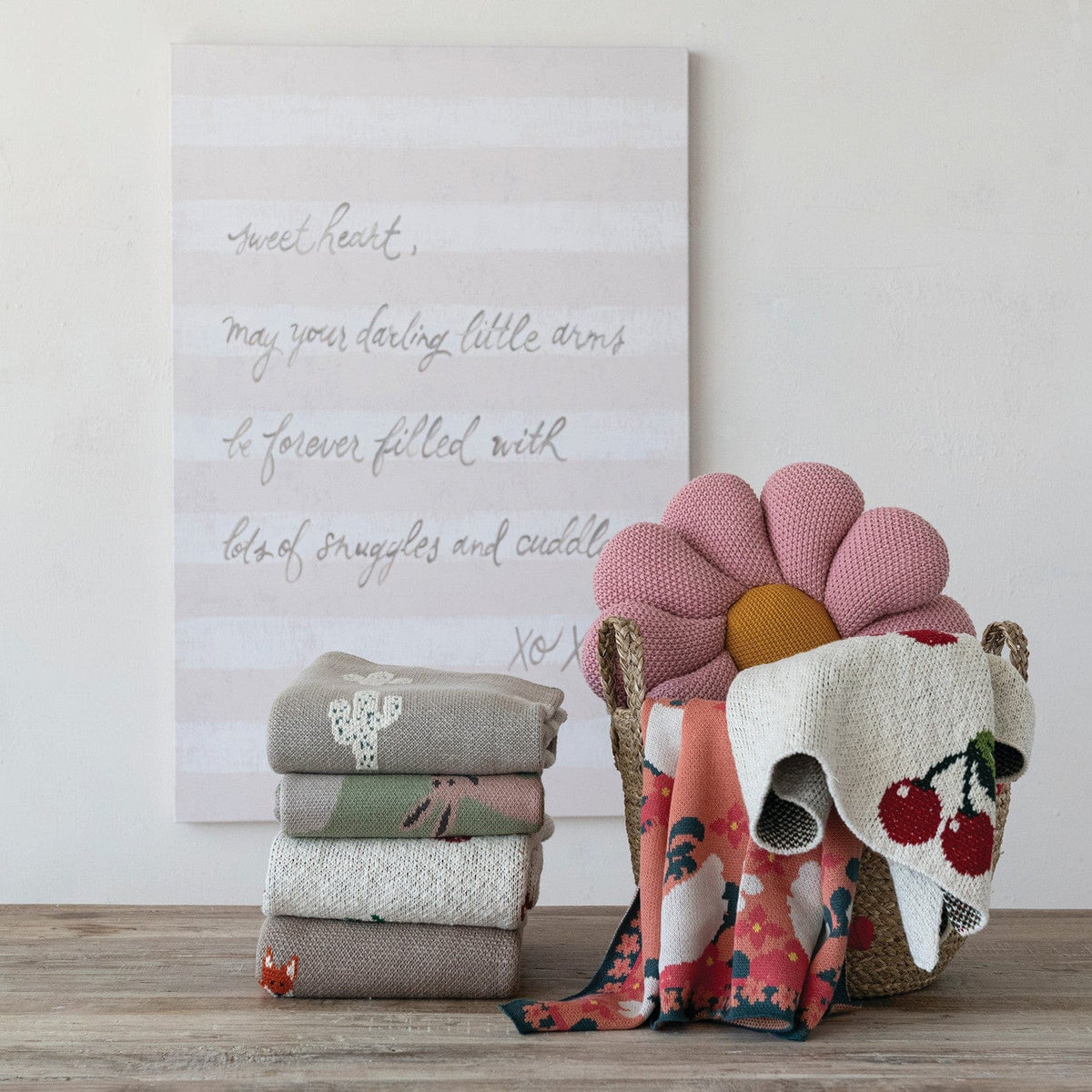 Creative Coop Baby Cotton Knit Baby Blanket with Strawberries