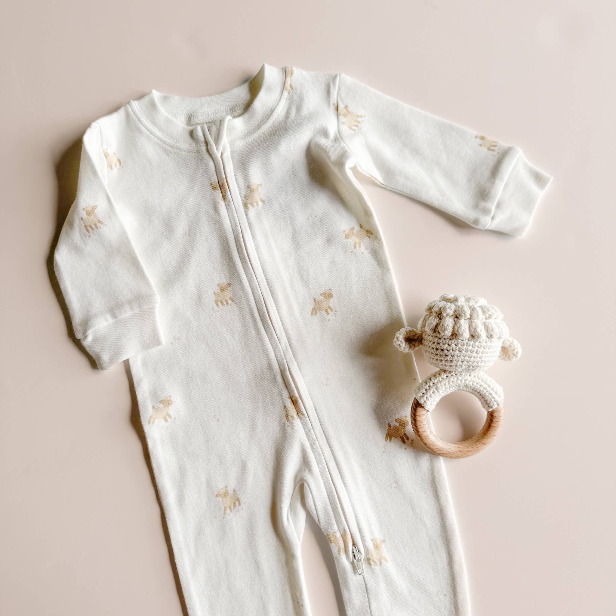 Layette Long Sleeve Zipper Romper, Lamb