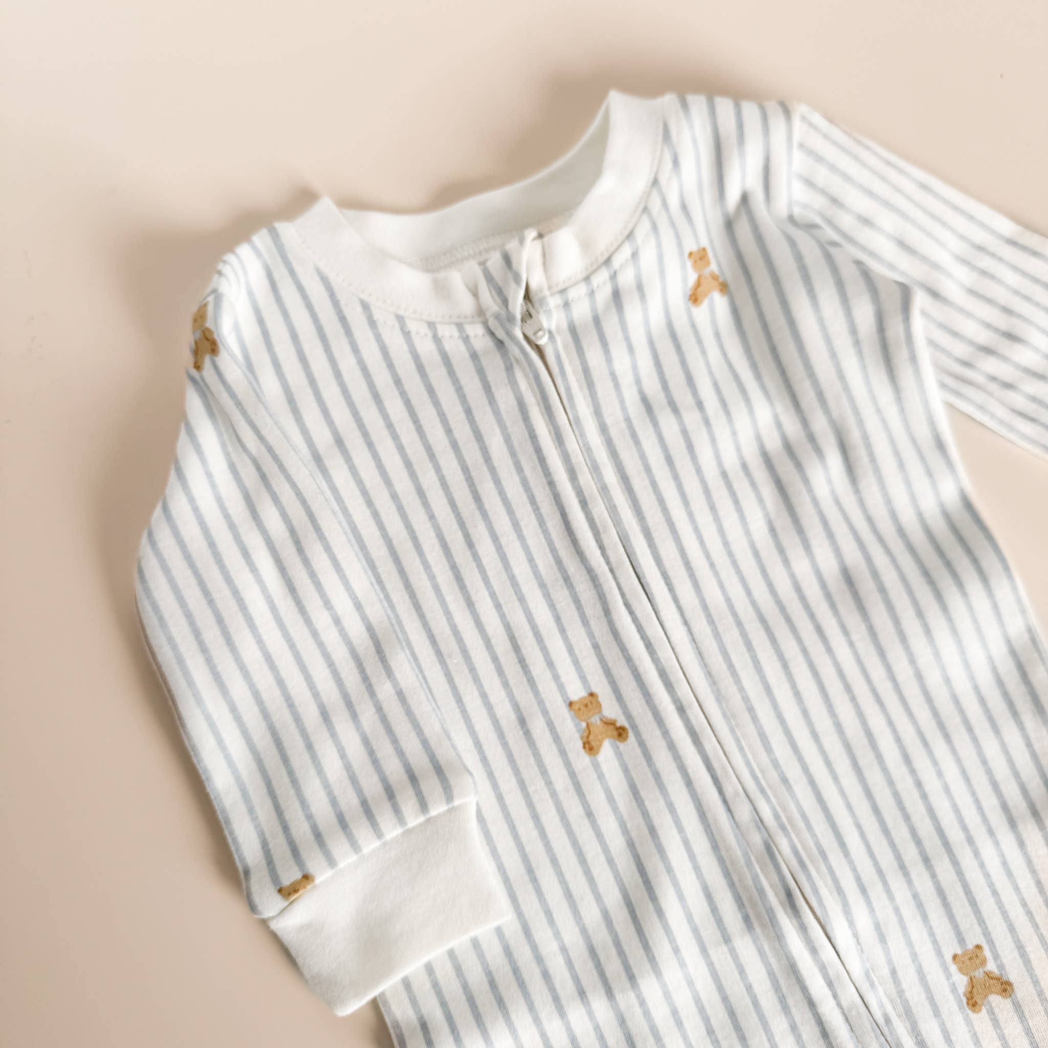 Layette Long Sleeve Zipper Romper, Teddy Bear