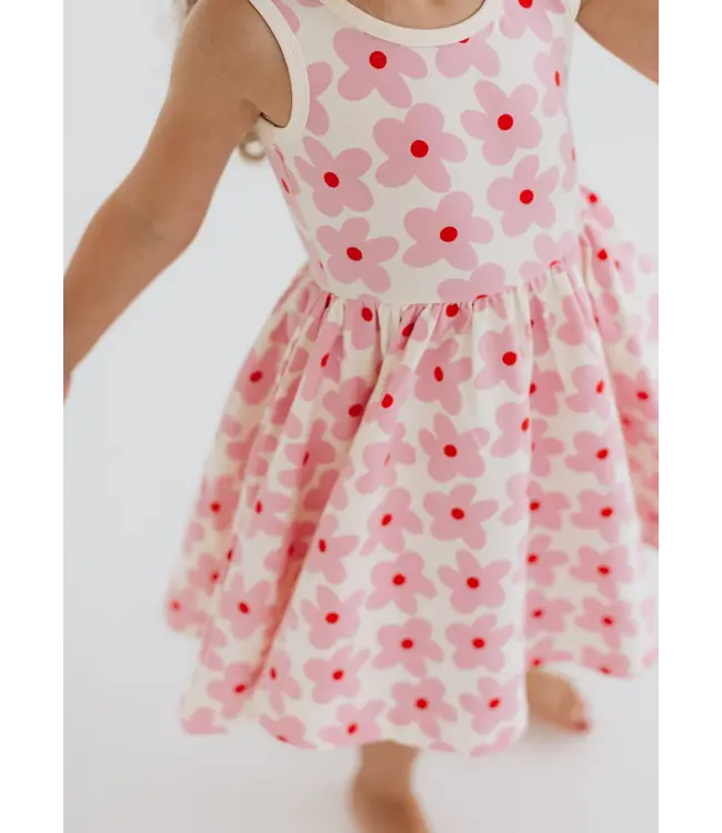 Sleeveless Twirl Dress in Pink Daisies