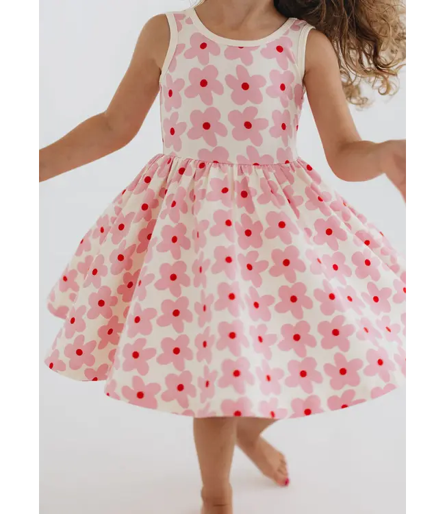 Sleeveless Twirl Dress in Pink Daisies