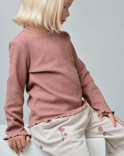 Long Sleeve Ribbed Lettuce Trim Tee - Pink | Little Bipsy
