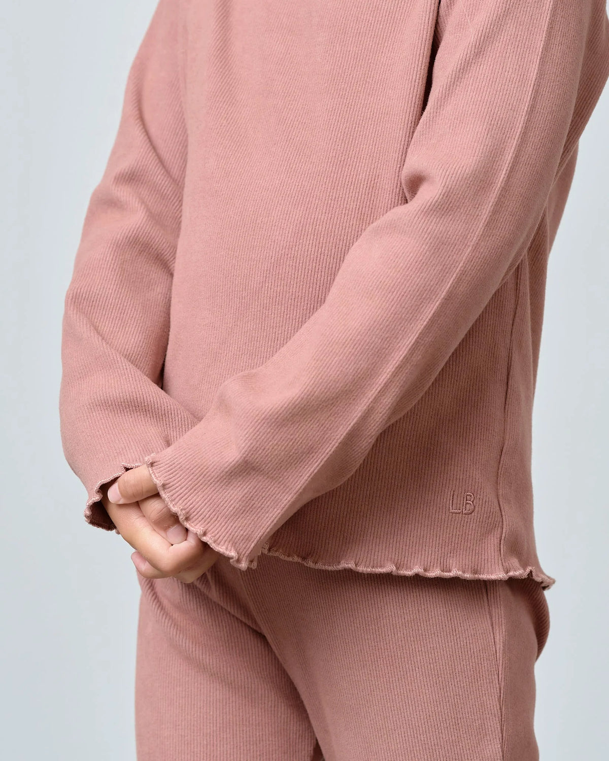 Long Sleeve Ribbed Lettuce Trim Tee - Pink | Little Bipsy