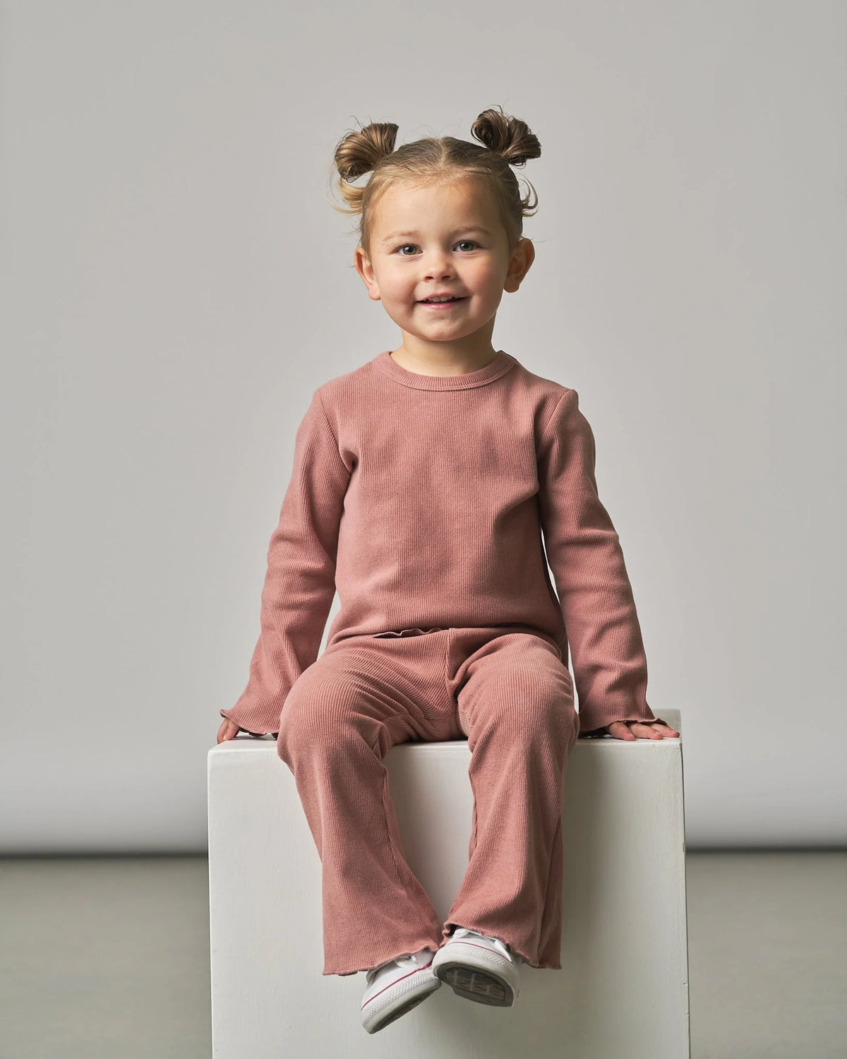 Long Sleeve Ribbed Lettuce Trim Tee - Pink | Little Bipsy