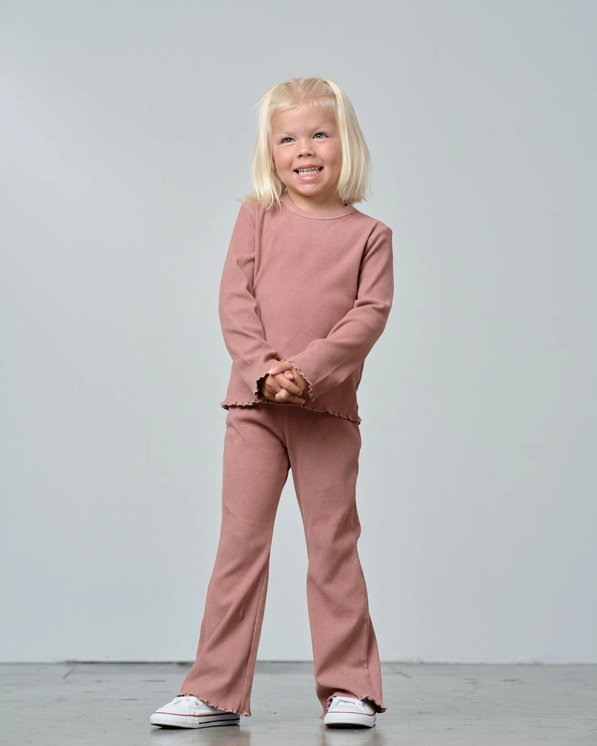 Long Sleeve Ribbed Lettuce Trim Tee - Pink | Little Bipsy