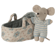 Maileg Dollhouse Baby mouse in carry cot - Blue | Maileg