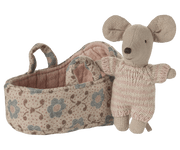 Maileg Dollhouse Baby mouse in carry cot - Rose | Maileg