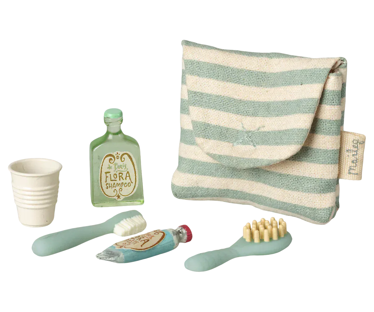 Maileg Toy Tooth Brush Set in Bag, Mouse - Blue Stripe | Maileg