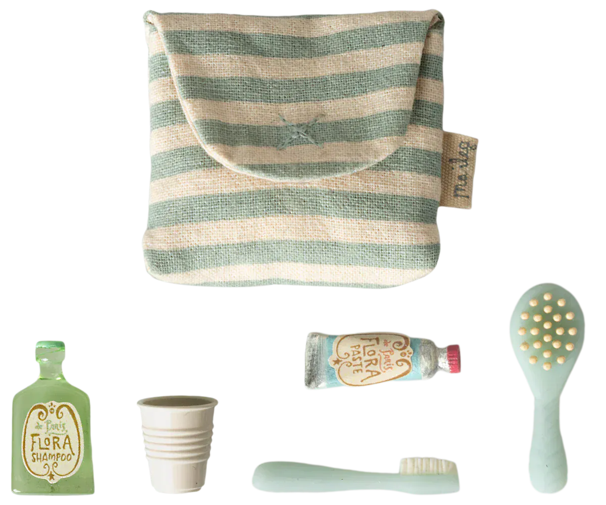 Maileg Toy Tooth Brush Set in Bag, Mouse - Blue Stripe | Maileg