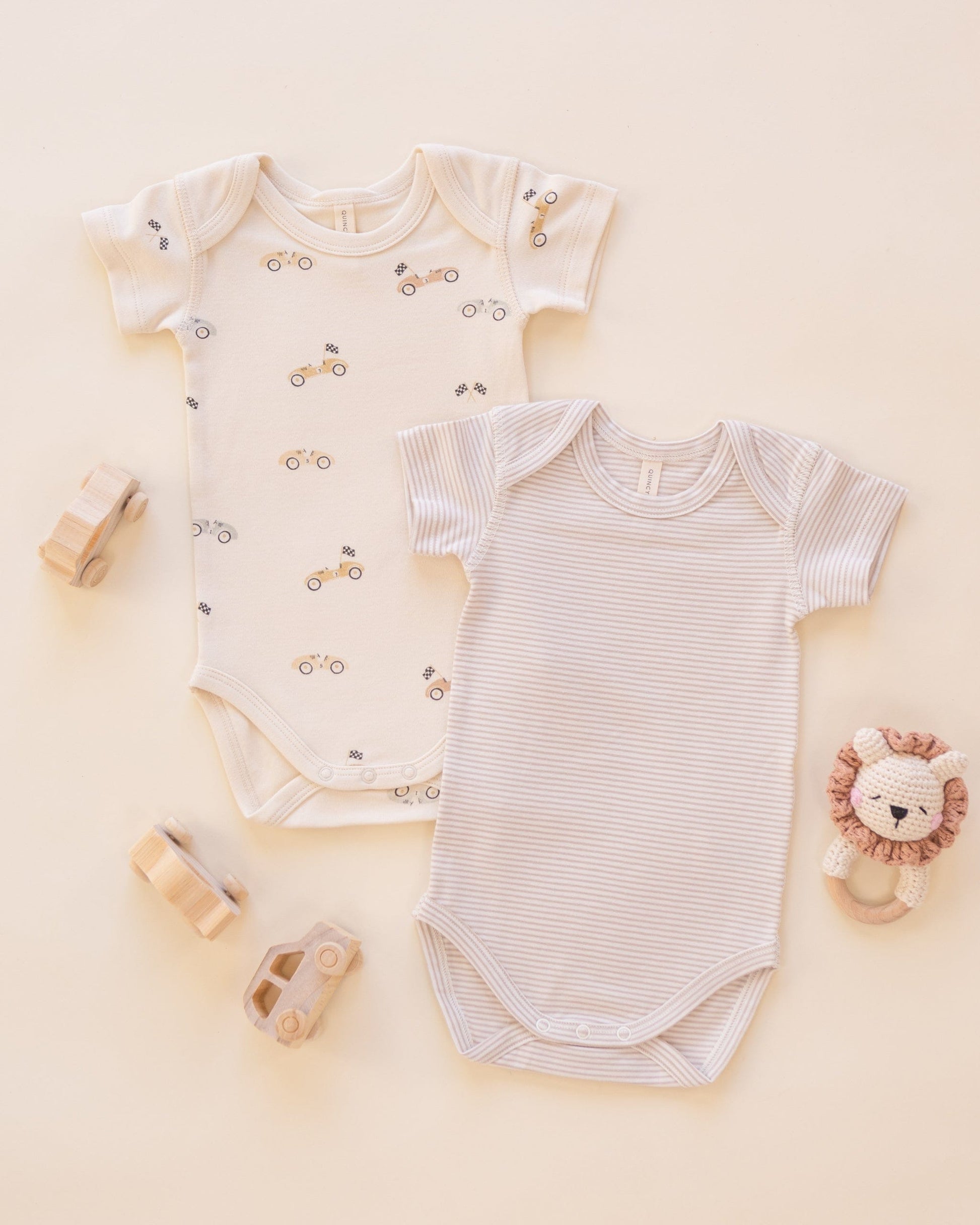 Quincy Mae Baby Short Sleeve Bodysuit Pack || Race Car, Oat Micro Stripe