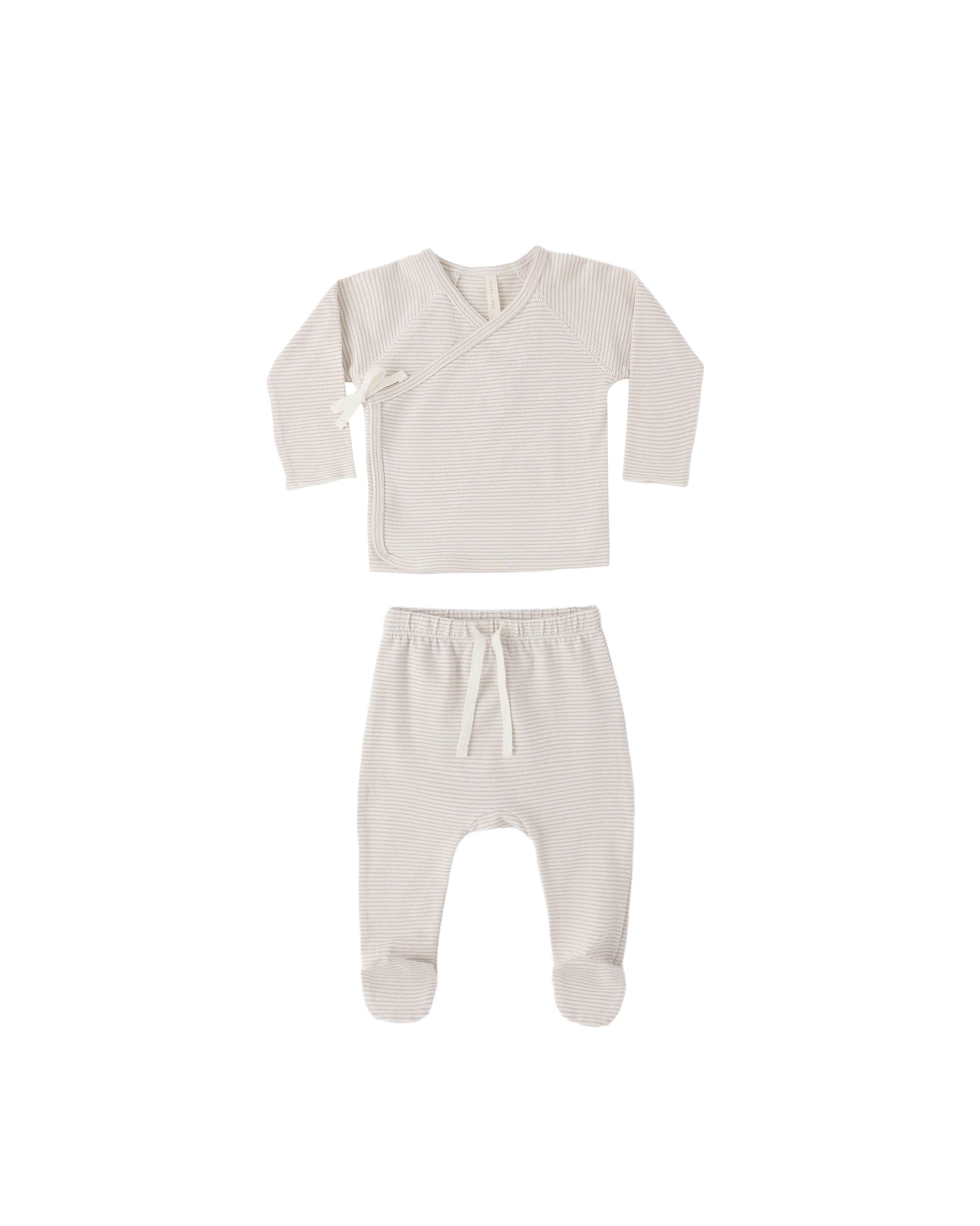 Quincy Mae Baby Wrap Top + Footed Pant Set || Oat Micro Stripe
