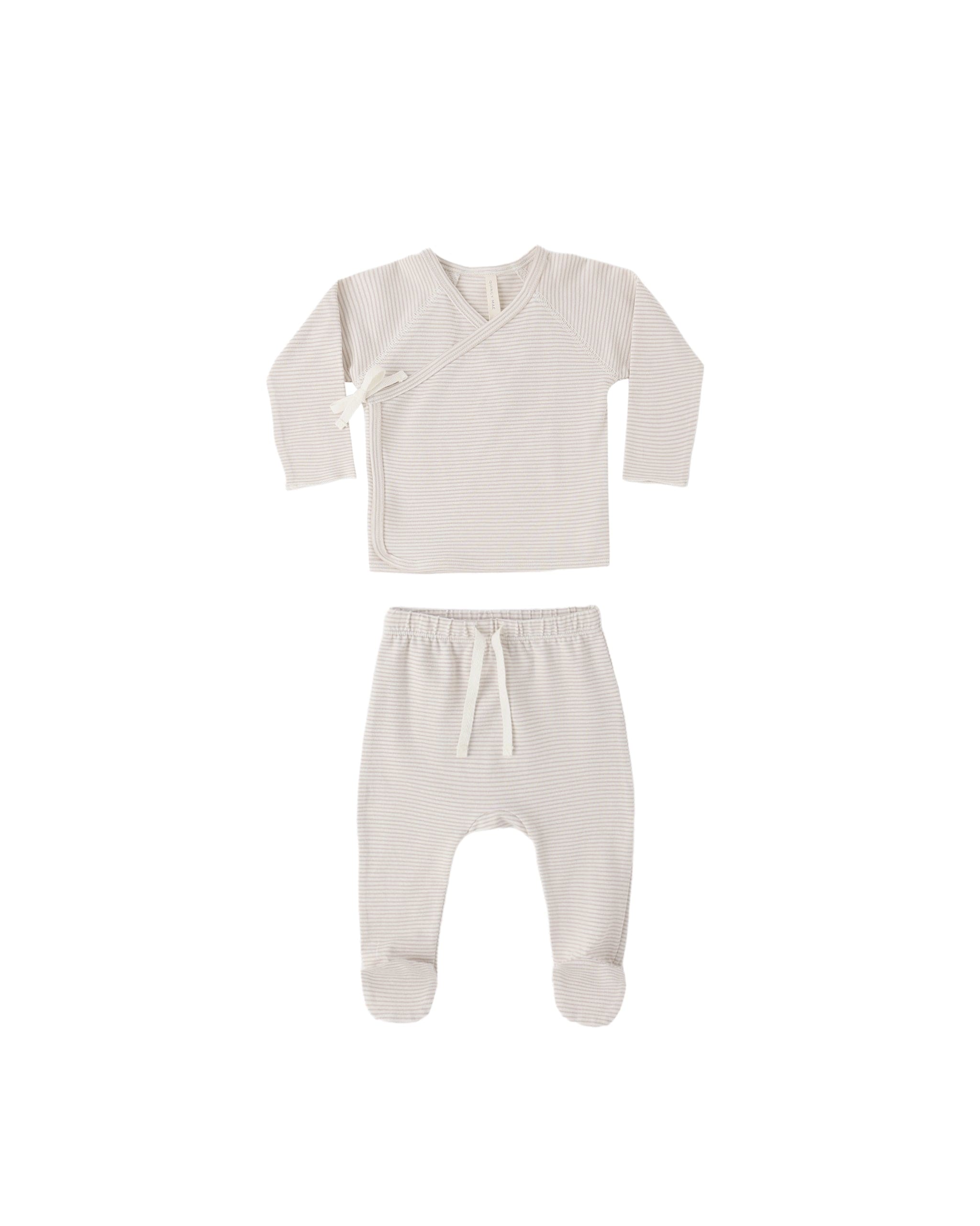 Quincy Mae Baby Wrap Top + Footed Pant Set || Oat Micro Stripe