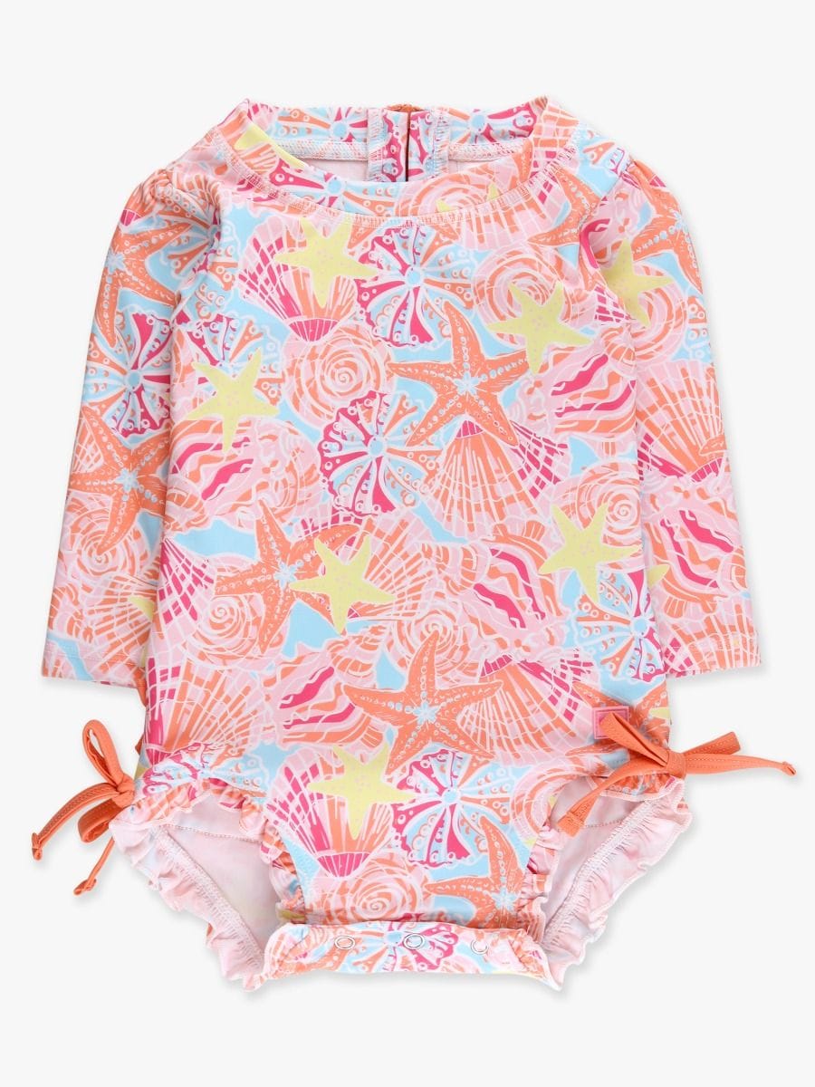 RuffleButts + RuggedButts Baby Long Sleeve One Piece Rash Guard Swimsuit, With Signature Rear Ruffles
