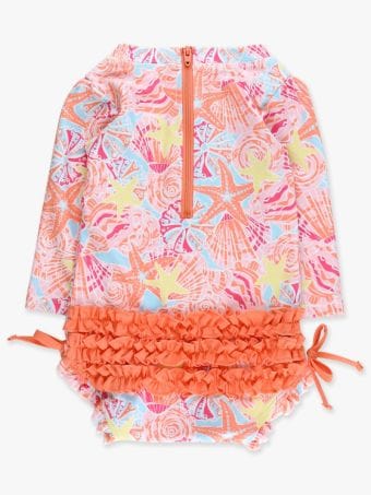 RuffleButts + RuggedButts Baby Long Sleeve One Piece Rash Guard Swimsuit, With Signature Rear Ruffles