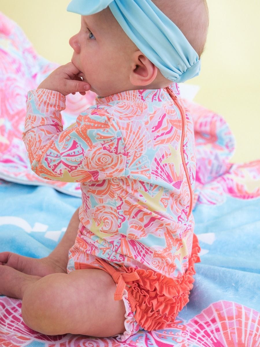 RuffleButts + RuggedButts Baby Long Sleeve One Piece Rash Guard Swimsuit, With Signature Rear Ruffles