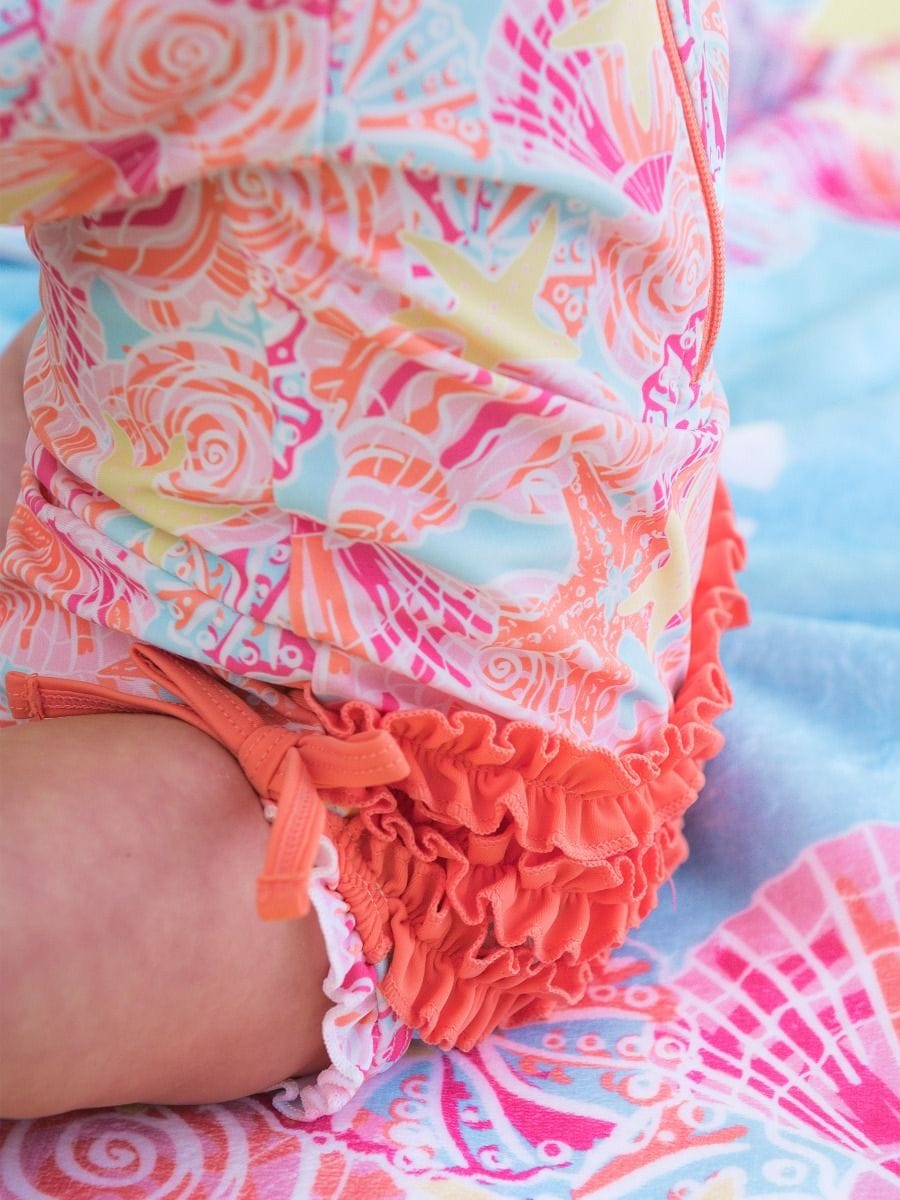 RuffleButts + RuggedButts Baby Long Sleeve One Piece Rash Guard Swimsuit, With Signature Rear Ruffles