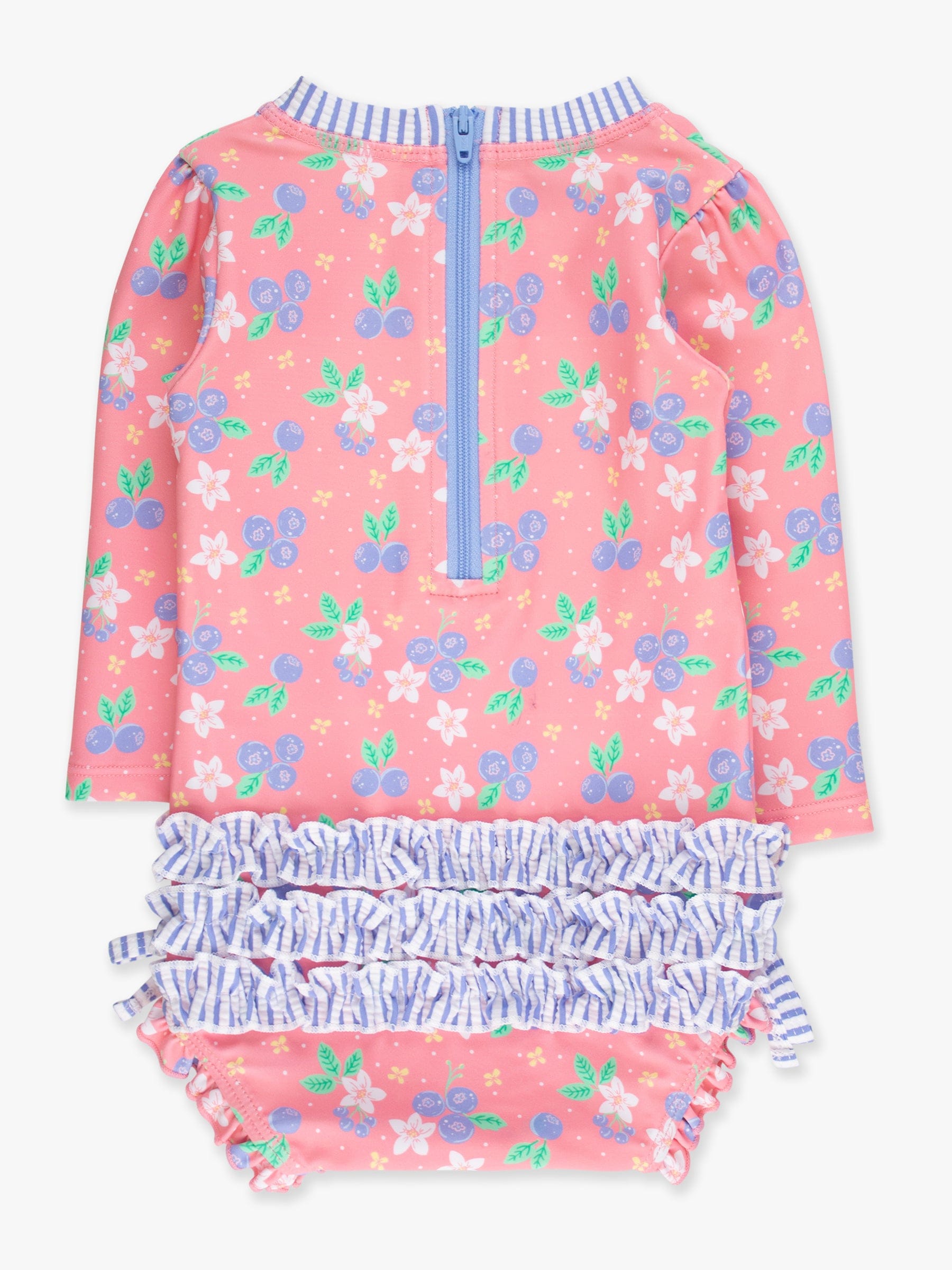 RuffleButts + RuggedButts Baby Long Sleeve One Piece Rash Guard Swimsuit, With Signature Rear Ruffles - Blueberry Bliss