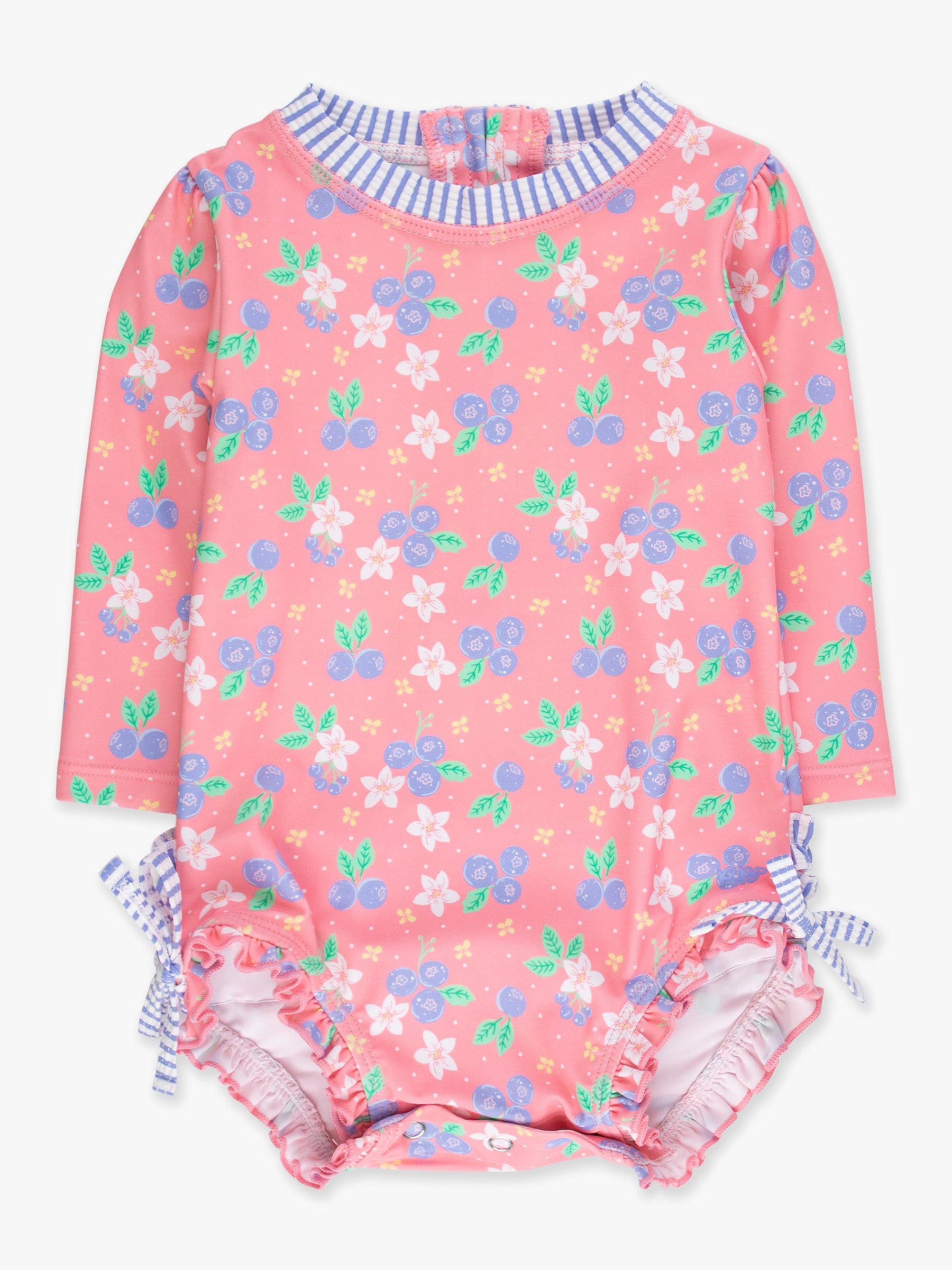 RuffleButts + RuggedButts Baby Long Sleeve One Piece Rash Guard Swimsuit, With Signature Rear Ruffles - Blueberry Bliss