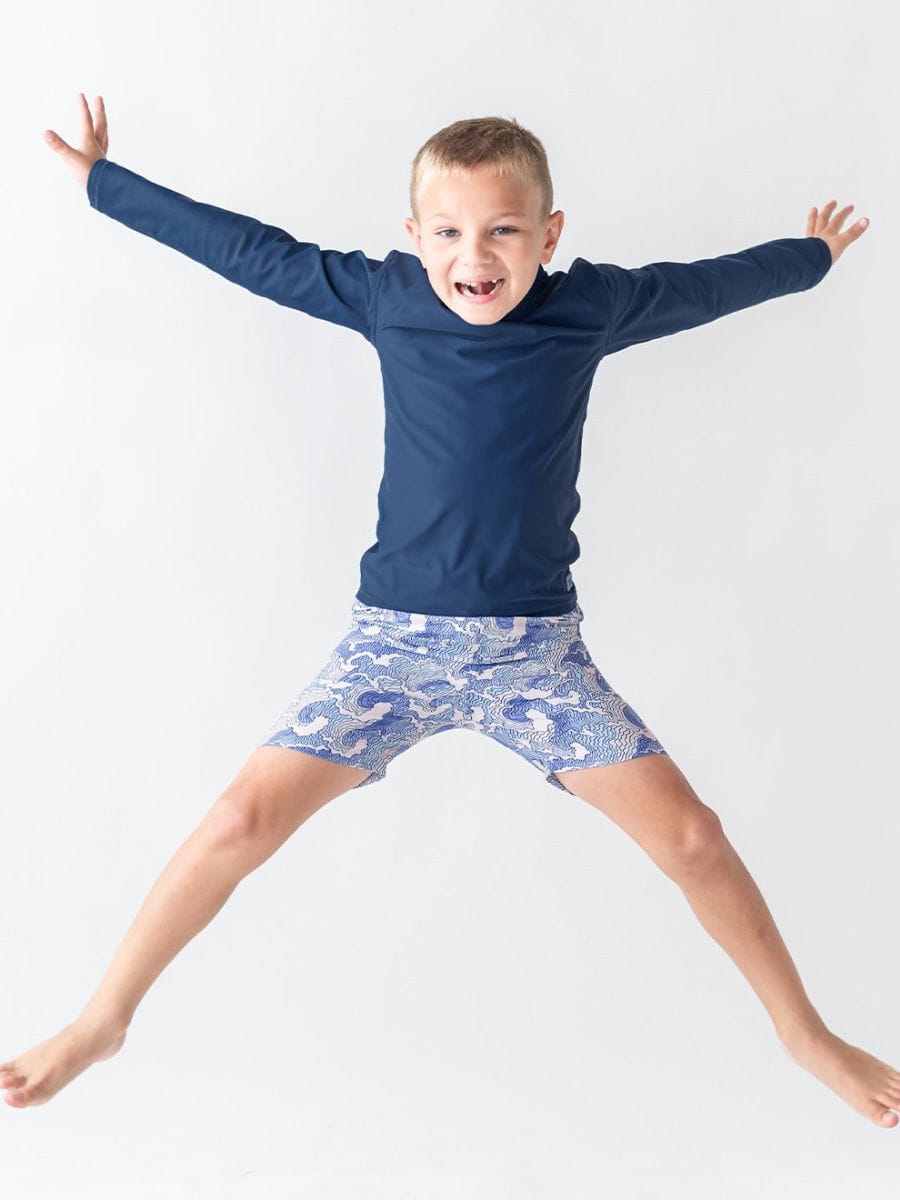 RuffleButts + RuggedButts Baby Long Sleeve Rash Guard, Navy
