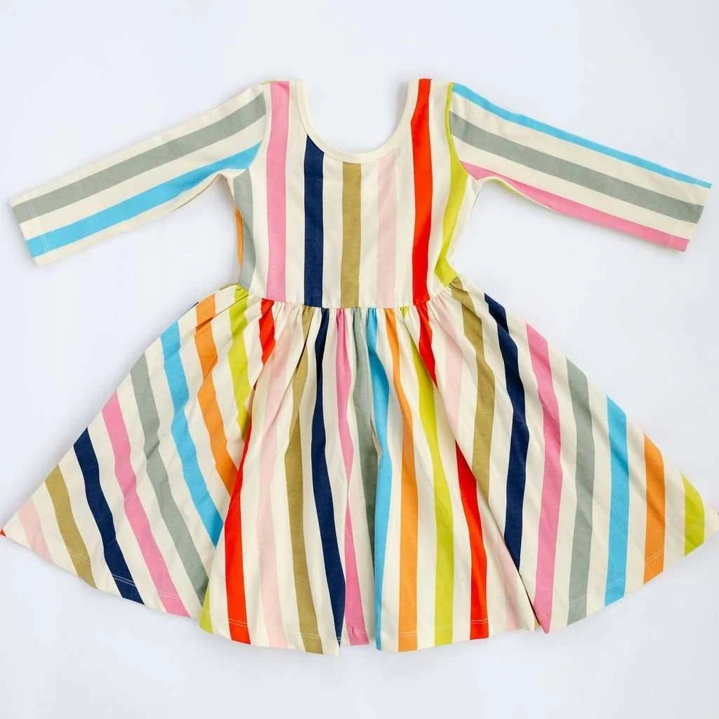 3/4 Sleeve Twirl Dress in Bright Stripes