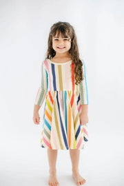 3/4 Sleeve Twirl Dress in Bright Stripes