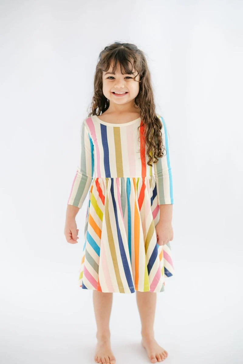 3/4 Sleeve Twirl Dress in Bright Stripes