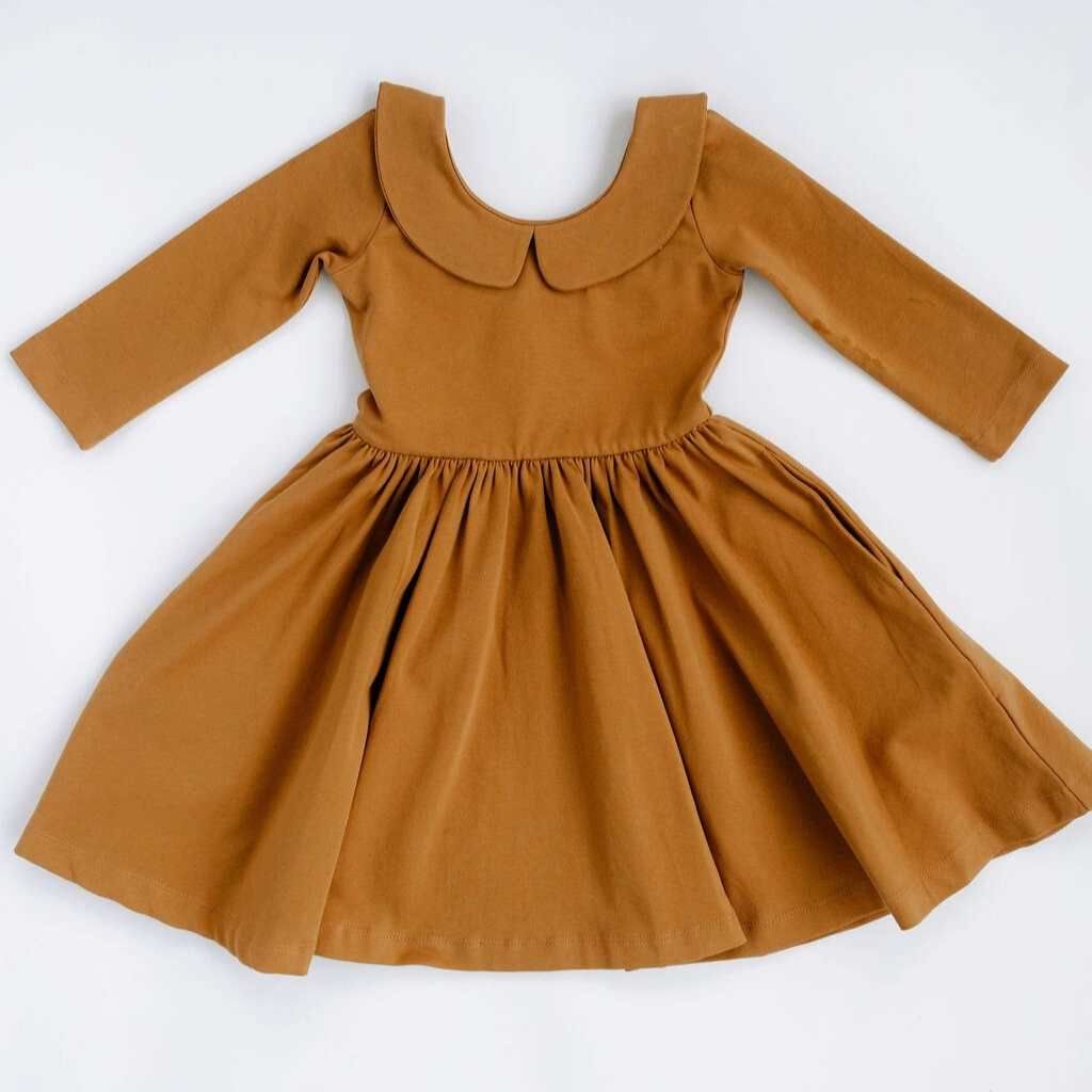 3/4 Sleeve Twirl Dress in Solid Nutmeg Collared